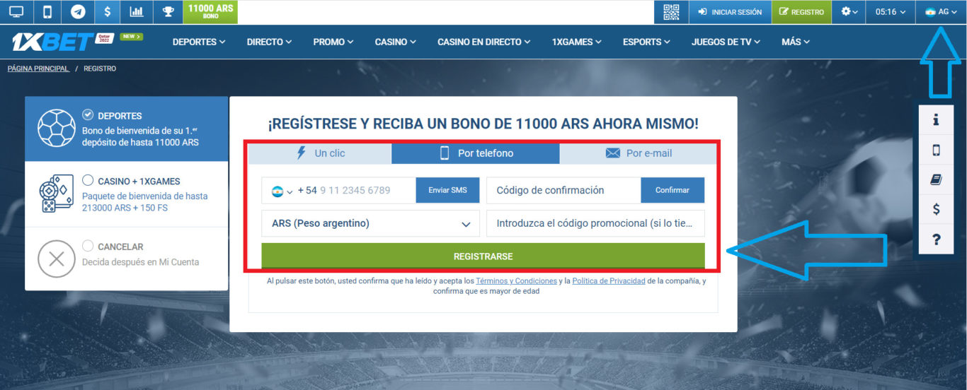 Registro de nuevos clientes 1xBet por número de teléfono