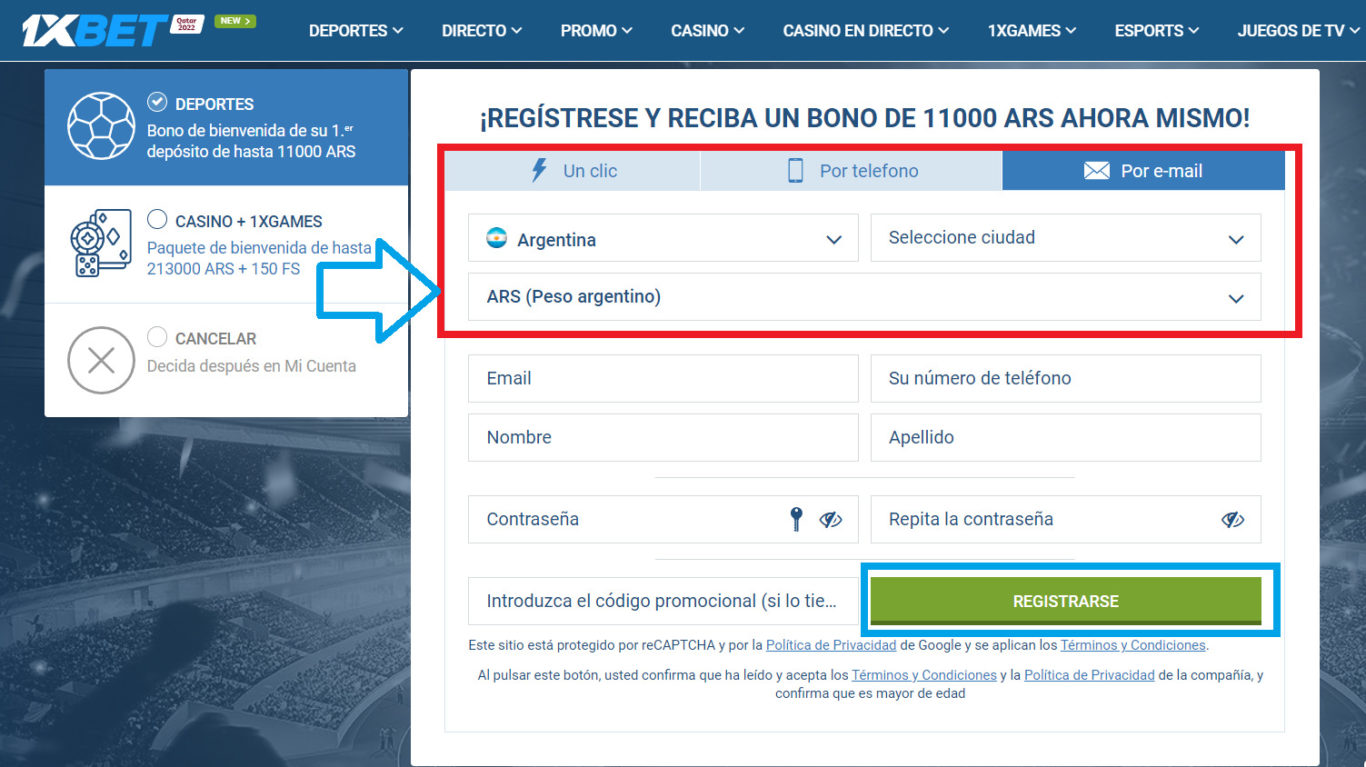 1xBet como registrarse en la oficina por correo electrónico